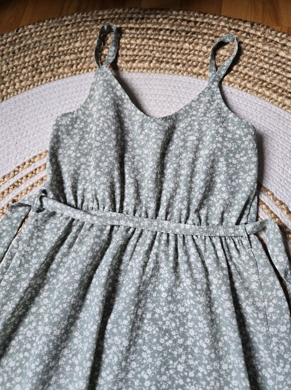 Monteau Sage Green Ditsy Floral Maxi Dress Tie Waist Cottagecore Coquette M - Picture 5 of 13